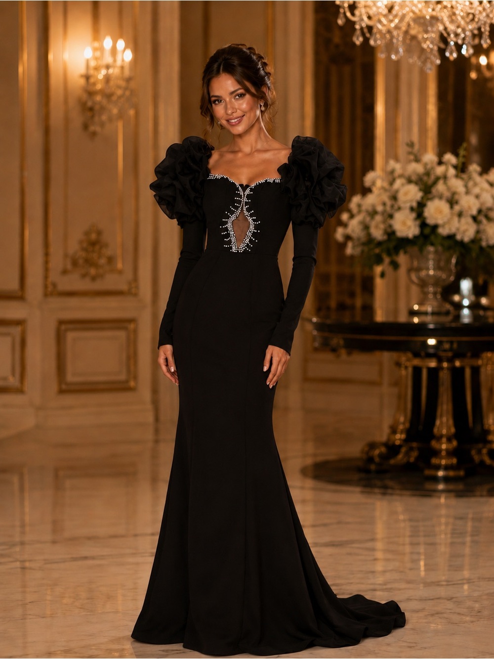 New XS Black Puff Sleeve Pearl-Embellished Dress